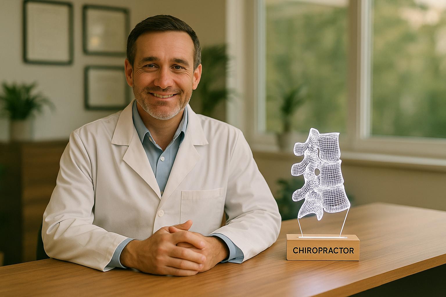 Portrait of a male chiropractor in a modern clinic sitting at his desk with a glowing 3D LED spine lamp. Ideal chiropractic office decor and gift idea for spine specialists and osteopaths.