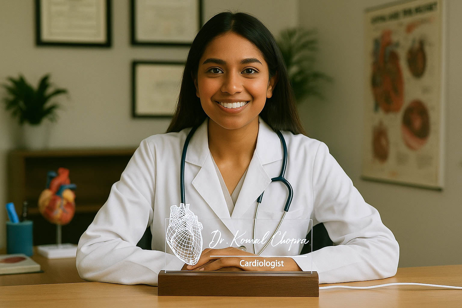 Personalized LED desk name plate lamp with heart design for female cardiologist, perfect gift for new graduates or doctors' office.