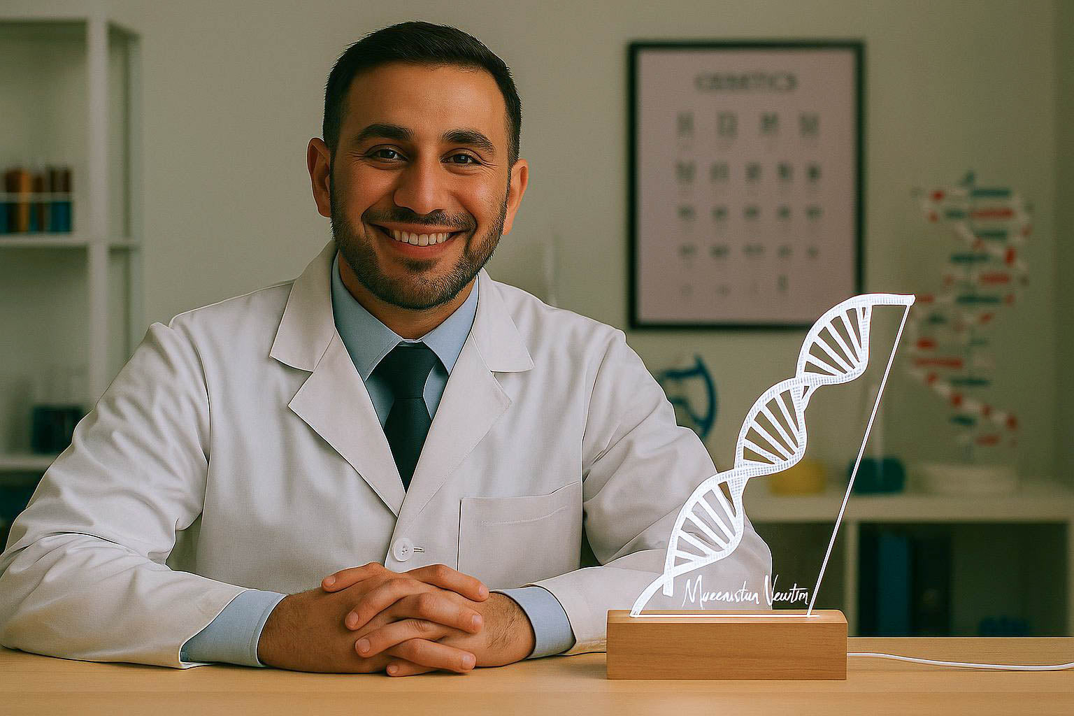 Portrait of a Middle Eastern male geneticist smiling in a laboratory, seated beside a glowing 3D LED DNA lamp. Surrounded by scientific books and genetic models, perfect decor and gift for geneticists or molecular biologists.