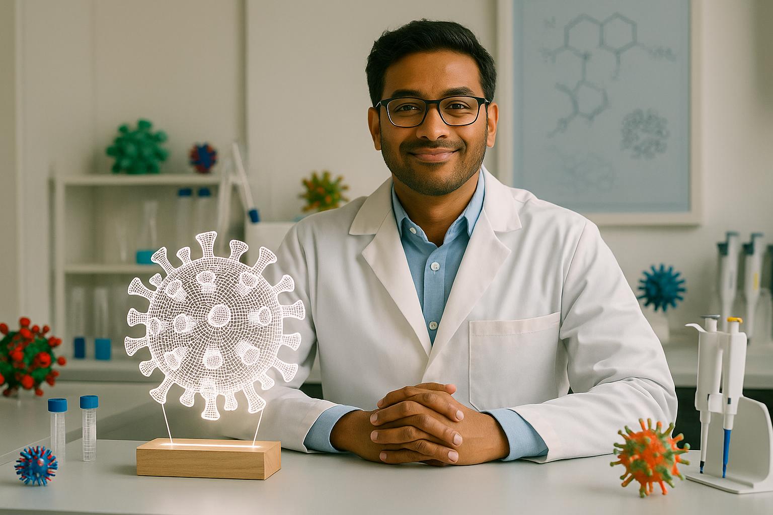 Portrait of a South Asian male immunologist in a modern lab, seated beside a glowing 3D LED virus lamp. Surrounded by test tubes and scientific models, ideal for virology or immunology office decor and personalized gifts.