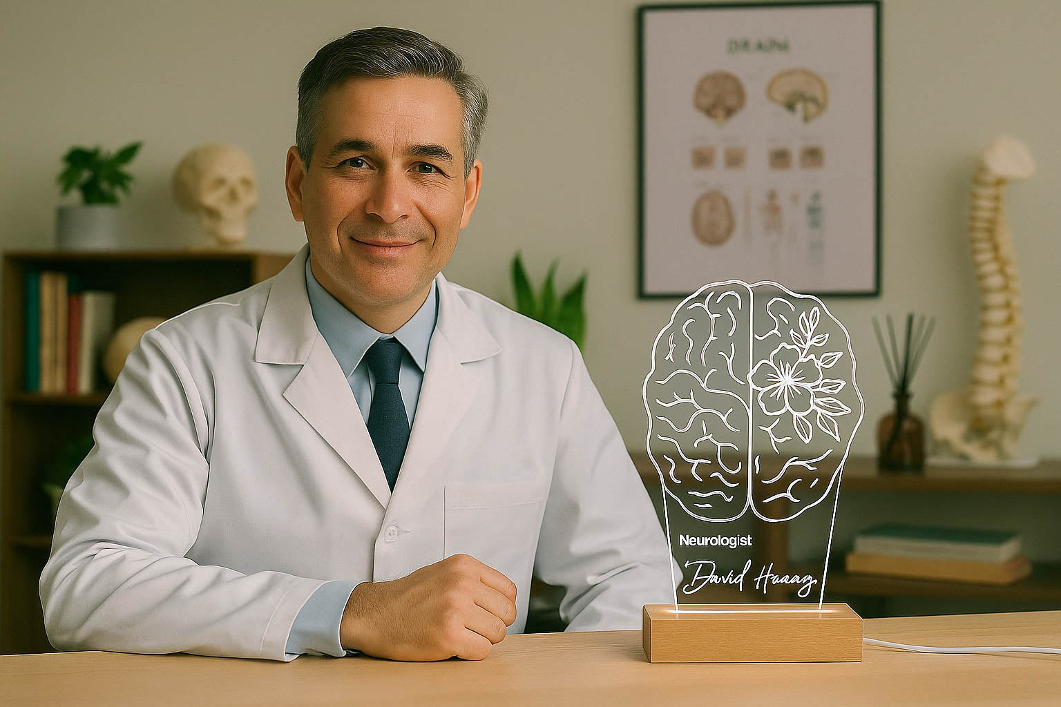 Neurologist with brain LED lamp in lab – thoughtful gift for brain specialists