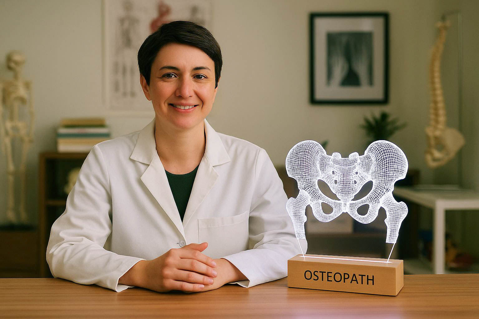 Portrait of a short-haired female osteopath in a bright clinic, seated at her desk next to a glowing 3D LED pelvis lamp. The background features anatomical models and spine-related medical decor, ideal for osteopathy professionals and gifts.