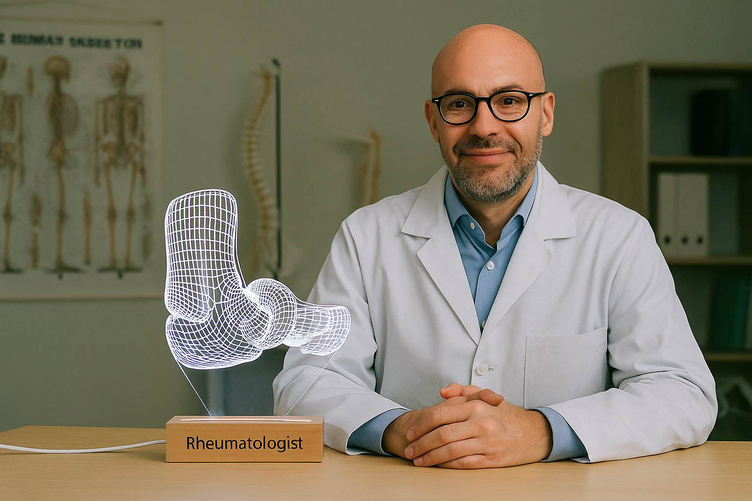 Smiling male rheumatologist with glasses and short beard seated in his lab, next to a glowing LED anatomical foot lamp. Background includes spine models, skeletal poster, and medical decor—ideal for professional gift promotion.