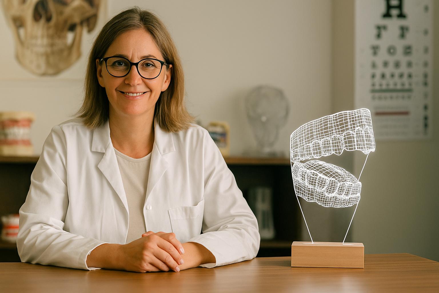 Portrait of a female dentist or orthodontist in her clinic, seated next to a glowing 3D LED jaw lamp. Dental decor and personalized gift for stomatologists or oral health professionals.