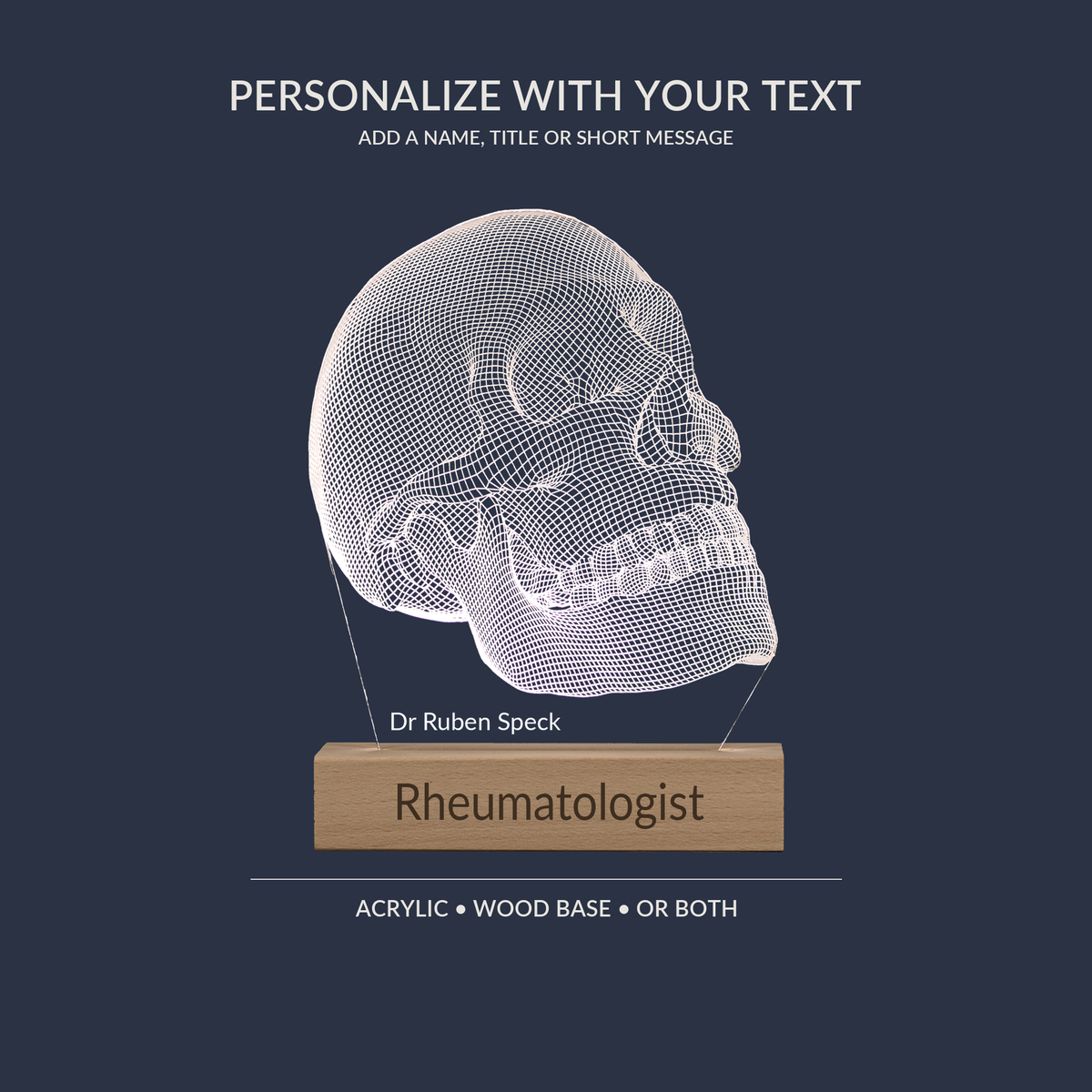 Engraving personalization example on the Anatomical Skull LED lamp