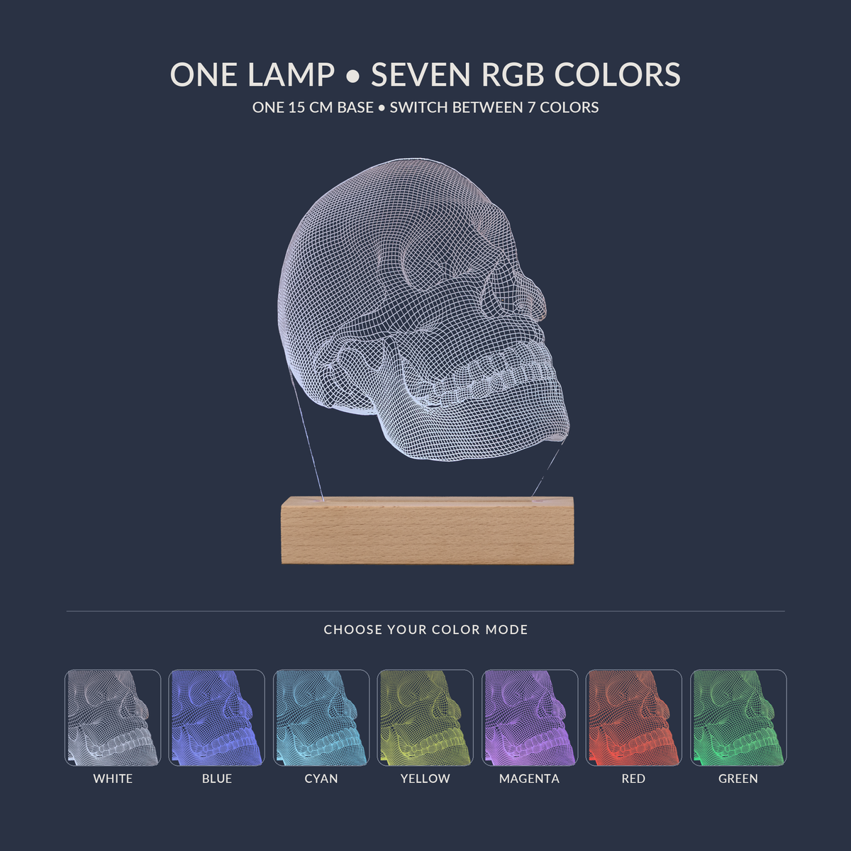 RGB color options for the Anatomical Skull LED lamp