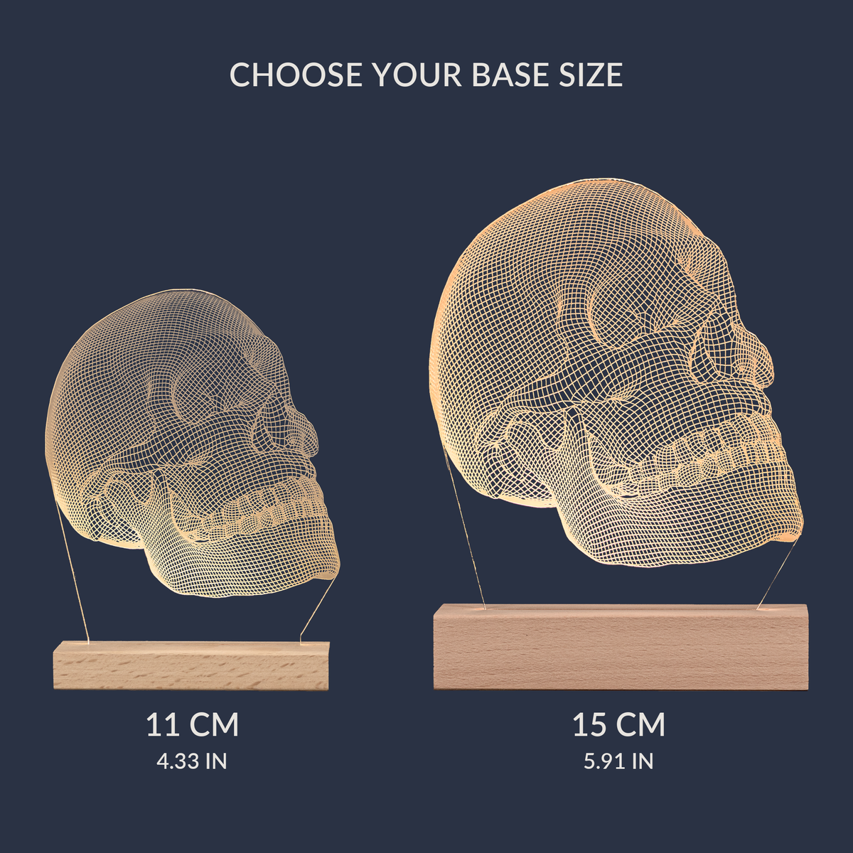 Size comparison chart for the Anatomical Skull LED lamp