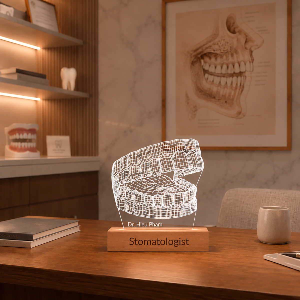 Human Jaw LED lamp displayed in a home office setting