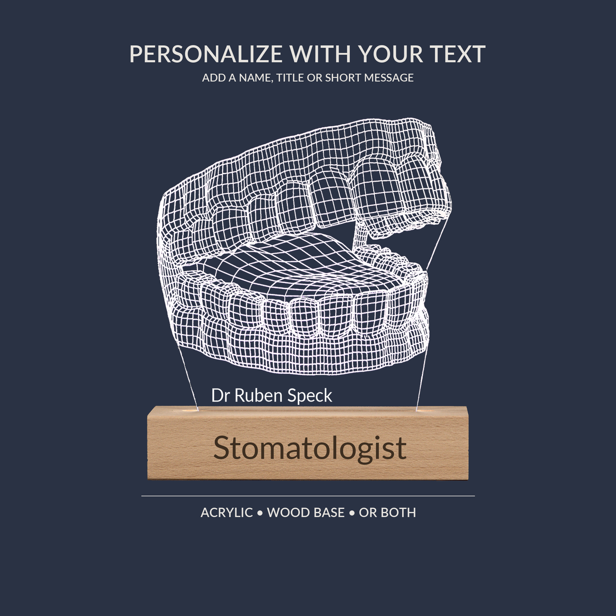 Engraving personalization example on the Human Jaw LED lamp