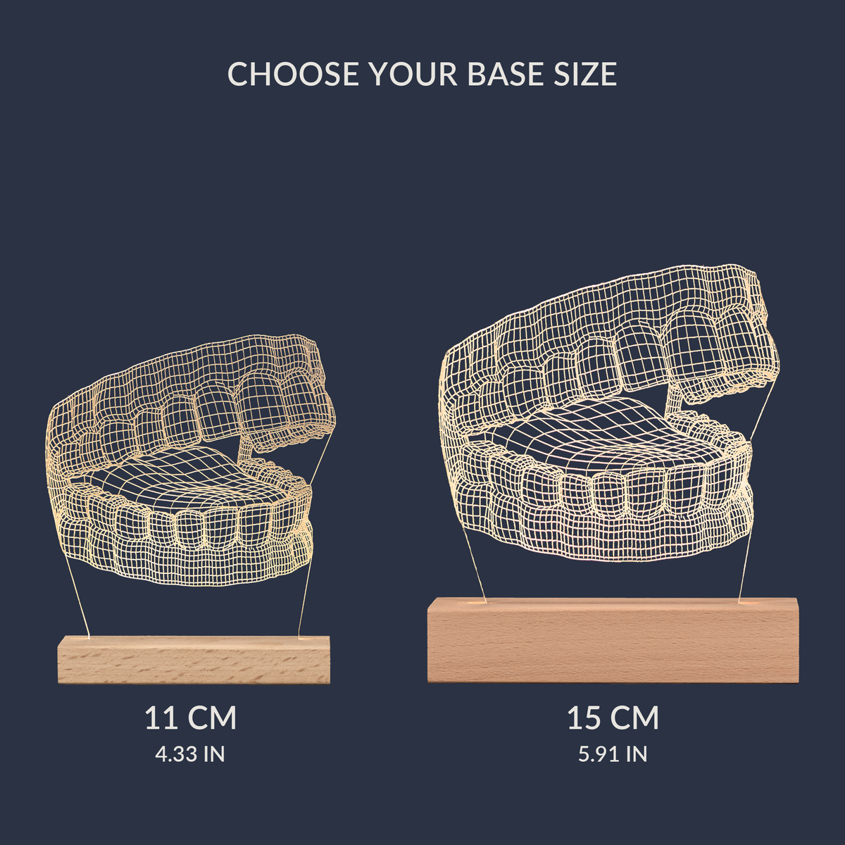 Size comparison chart for the Human Jaw LED lamp