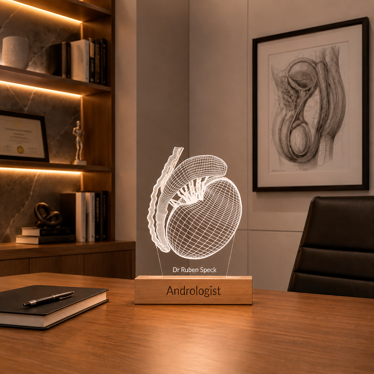 Testicle LED lamp displayed in a home office setting