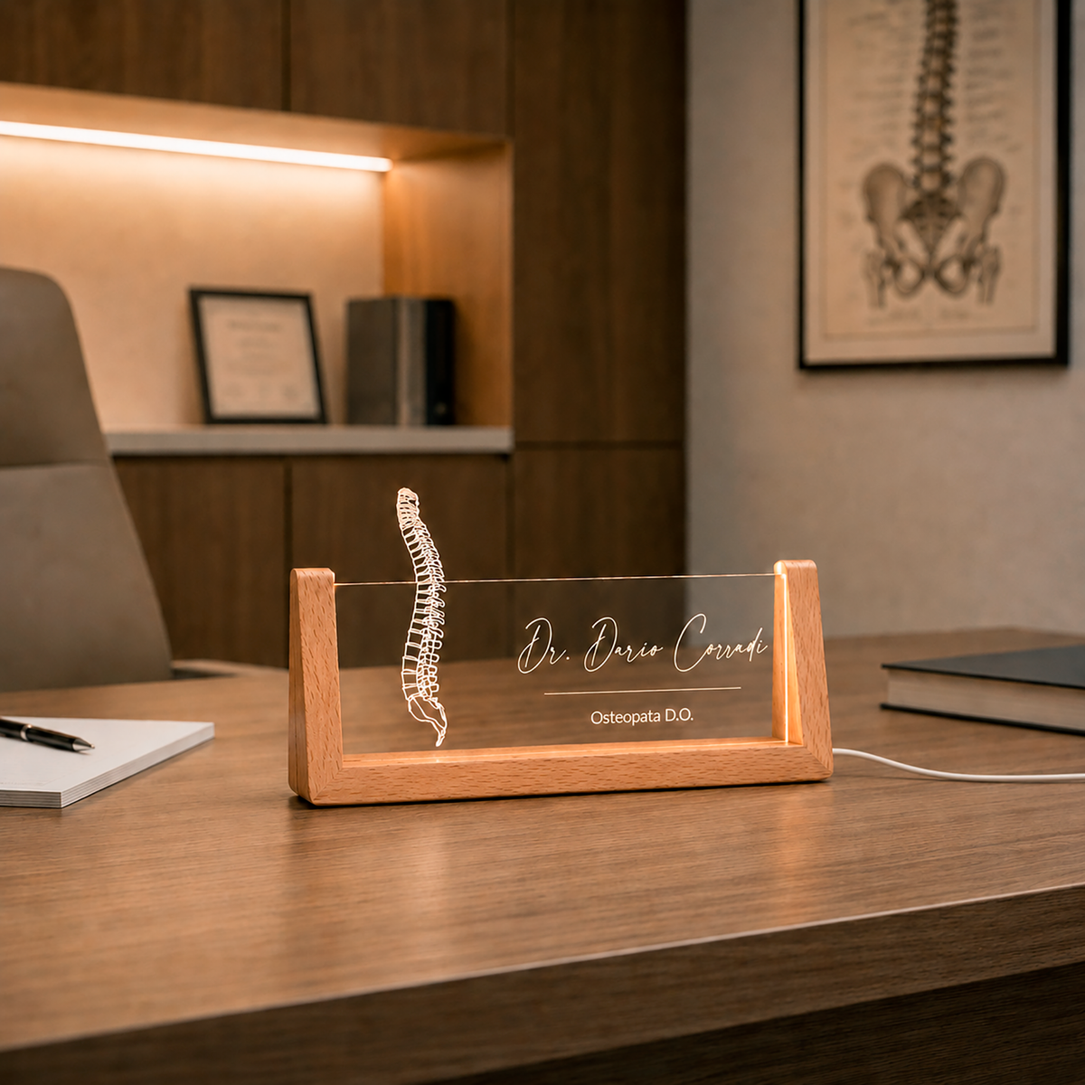 Chiropractor Spine LED nameplate displayed in a home office setting