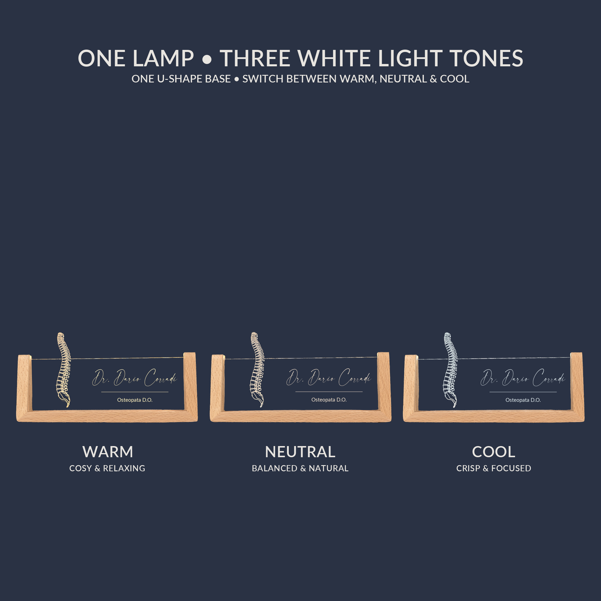 White light tone options for the Chiropractor Spine LED nameplate