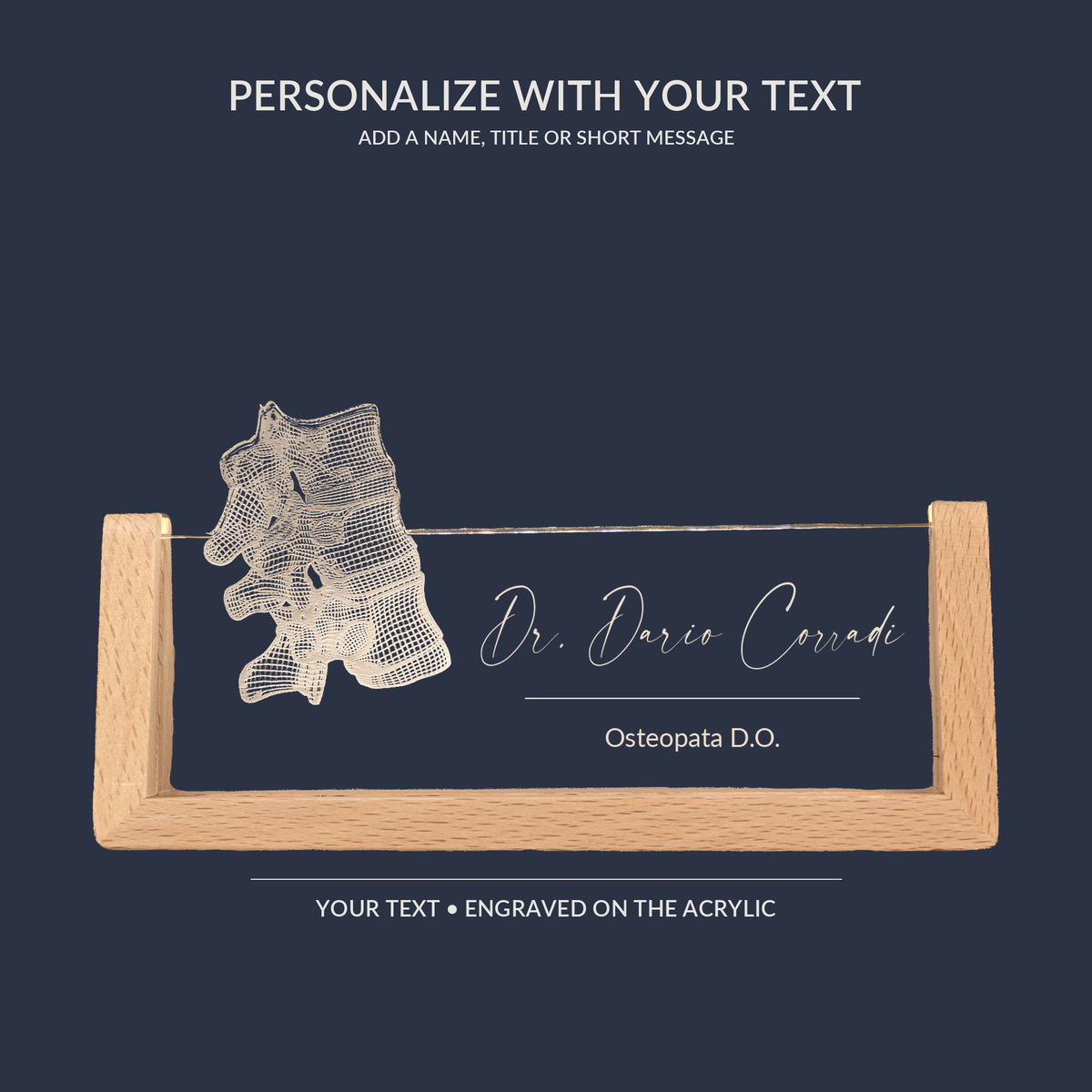 Engraving personalization example on the Orthopedic Vertebral LED nameplate