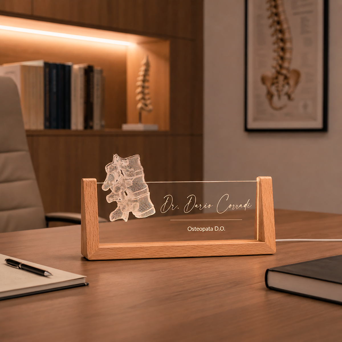 Orthopedic Vertebral LED nameplate displayed in a home office setting