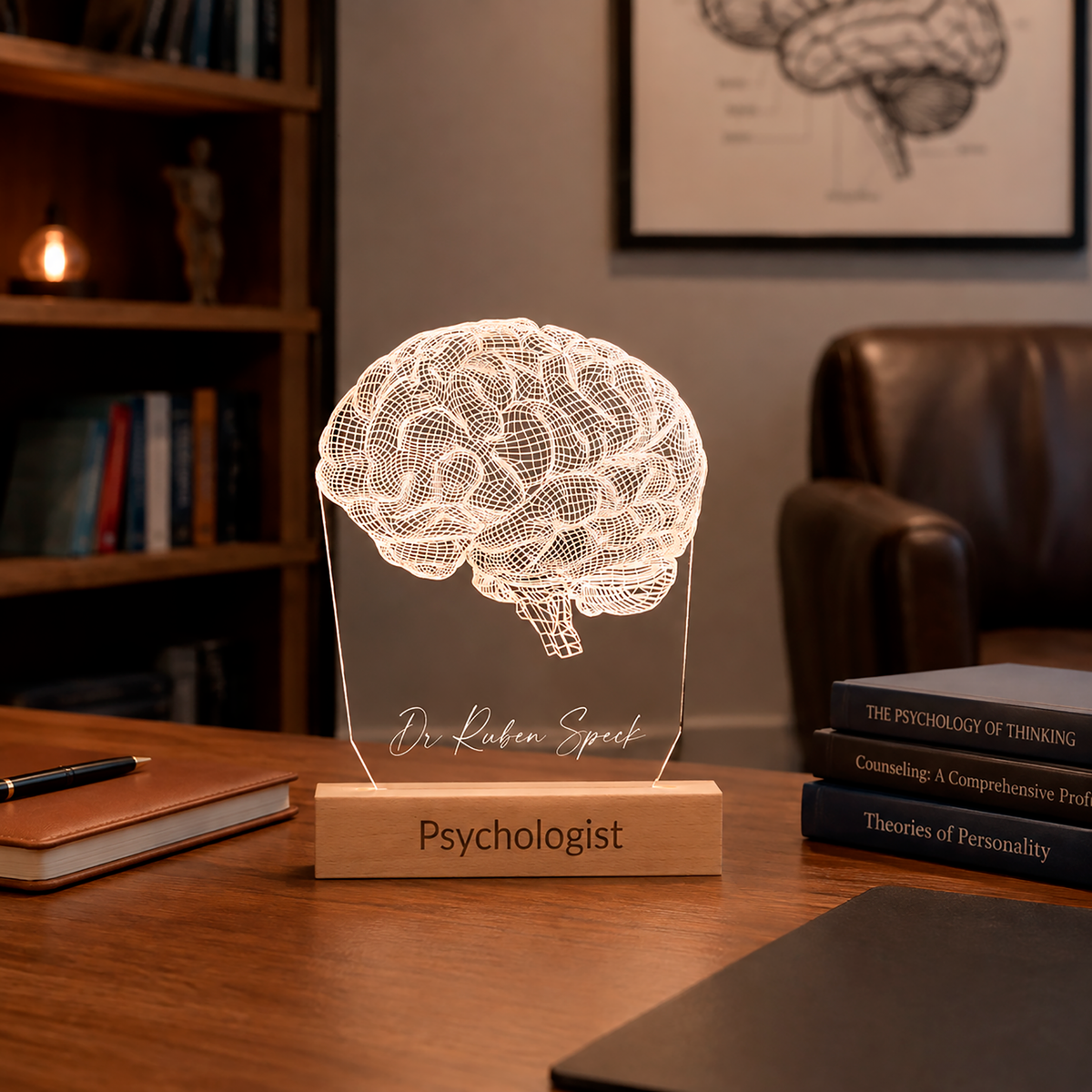 Brain LED lamp displayed in a home office setting