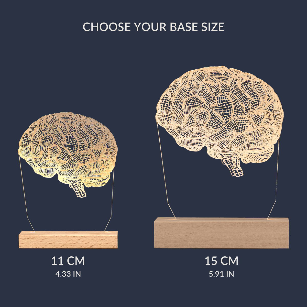 Size comparison chart for the Brain LED lamp