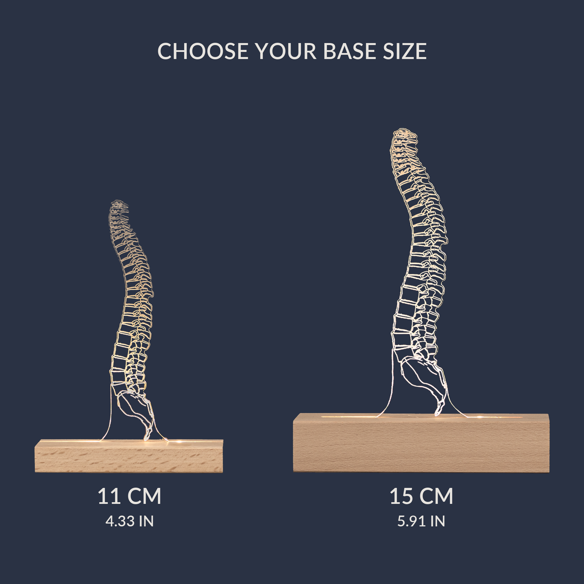 Size comparison chart for the Spine LED lamp