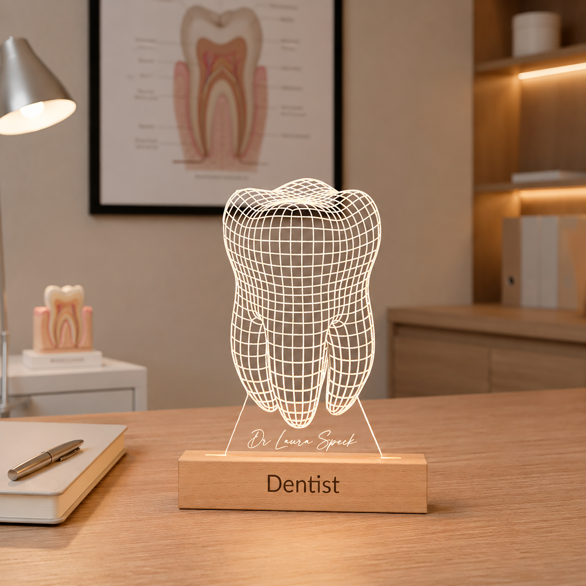 Tooth LED lamp displayed in a home office setting