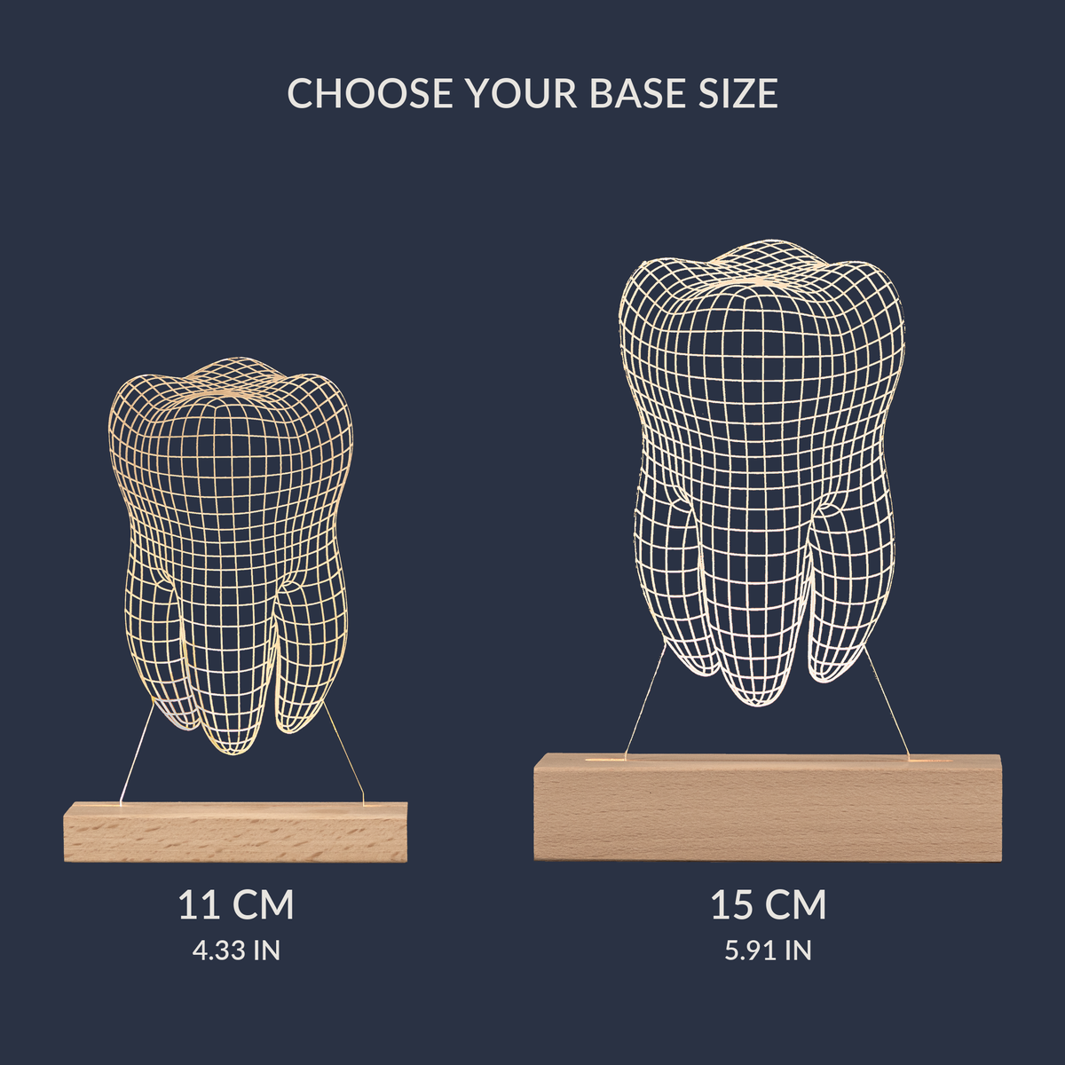 Size comparison chart for the Tooth LED lamp