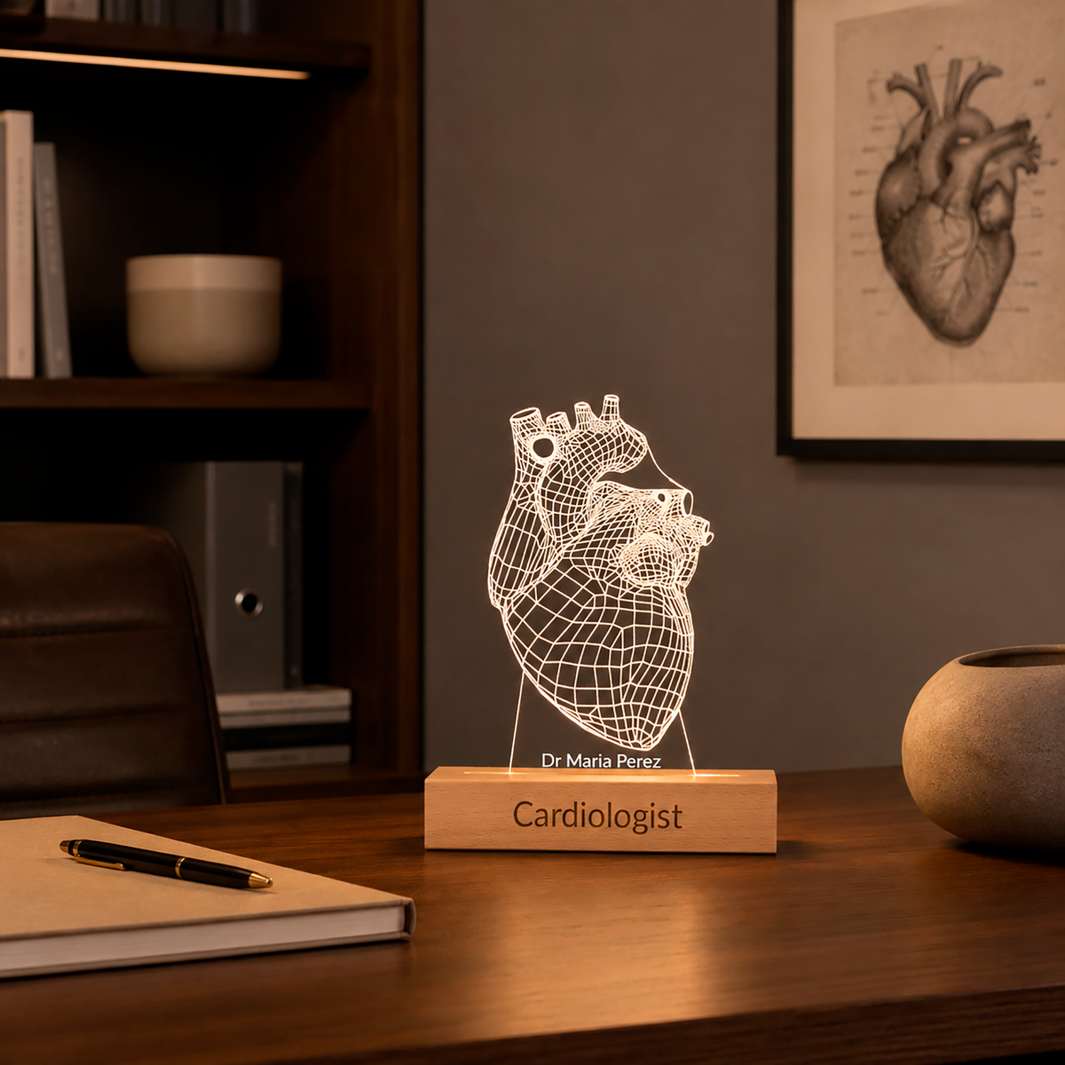 Human Heart LED lamp displayed in a home office setting