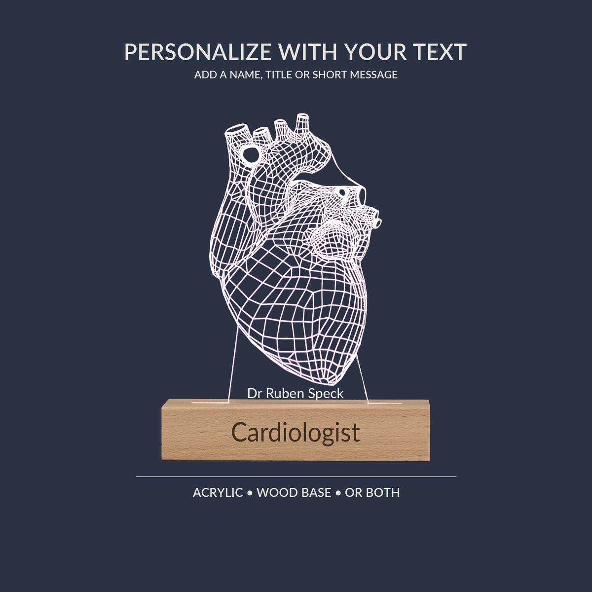 Engraving personalization example on the Human Heart LED lamp