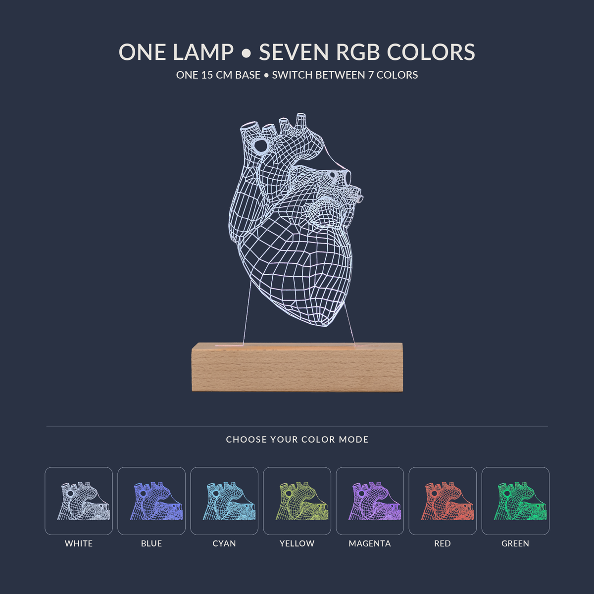 RGB color options for the Human Heart LED lamp