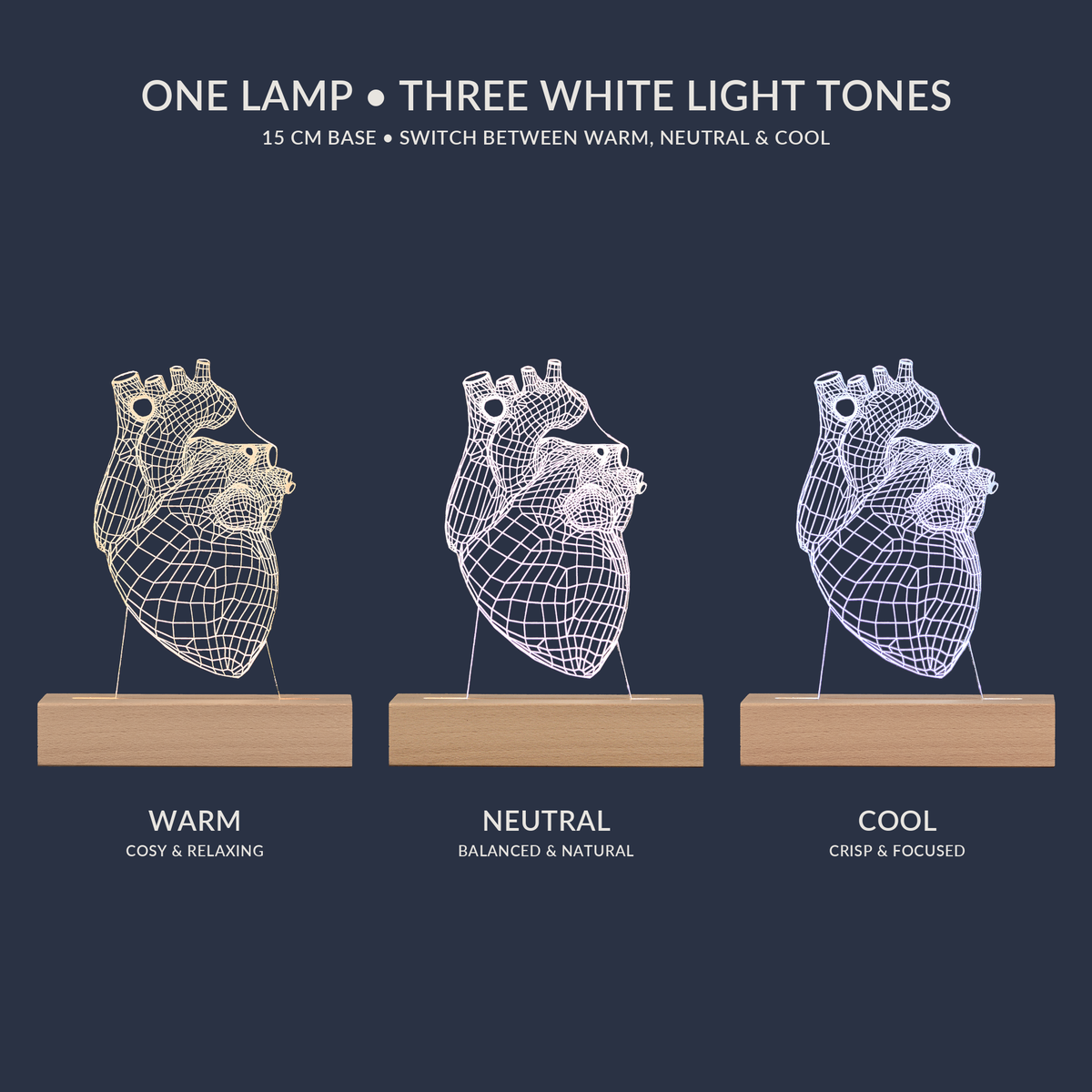 White light tone options for the Human Heart LED lamp