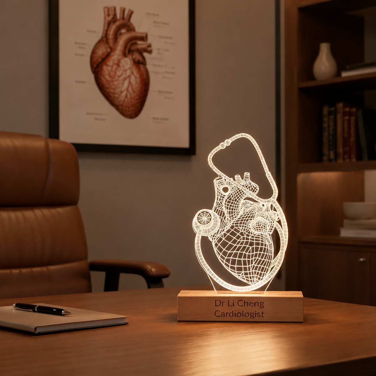 Heart and Stethoscope LED lamp displayed in a home office setting
