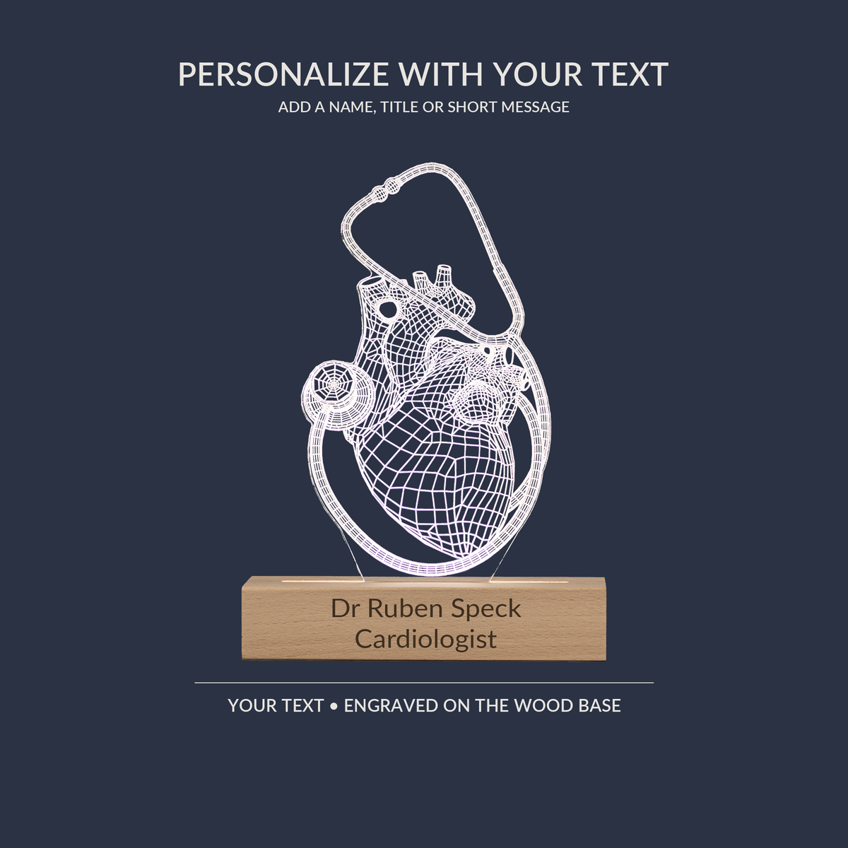 Engraving personalization example on the Heart and Stethoscope LED lamp