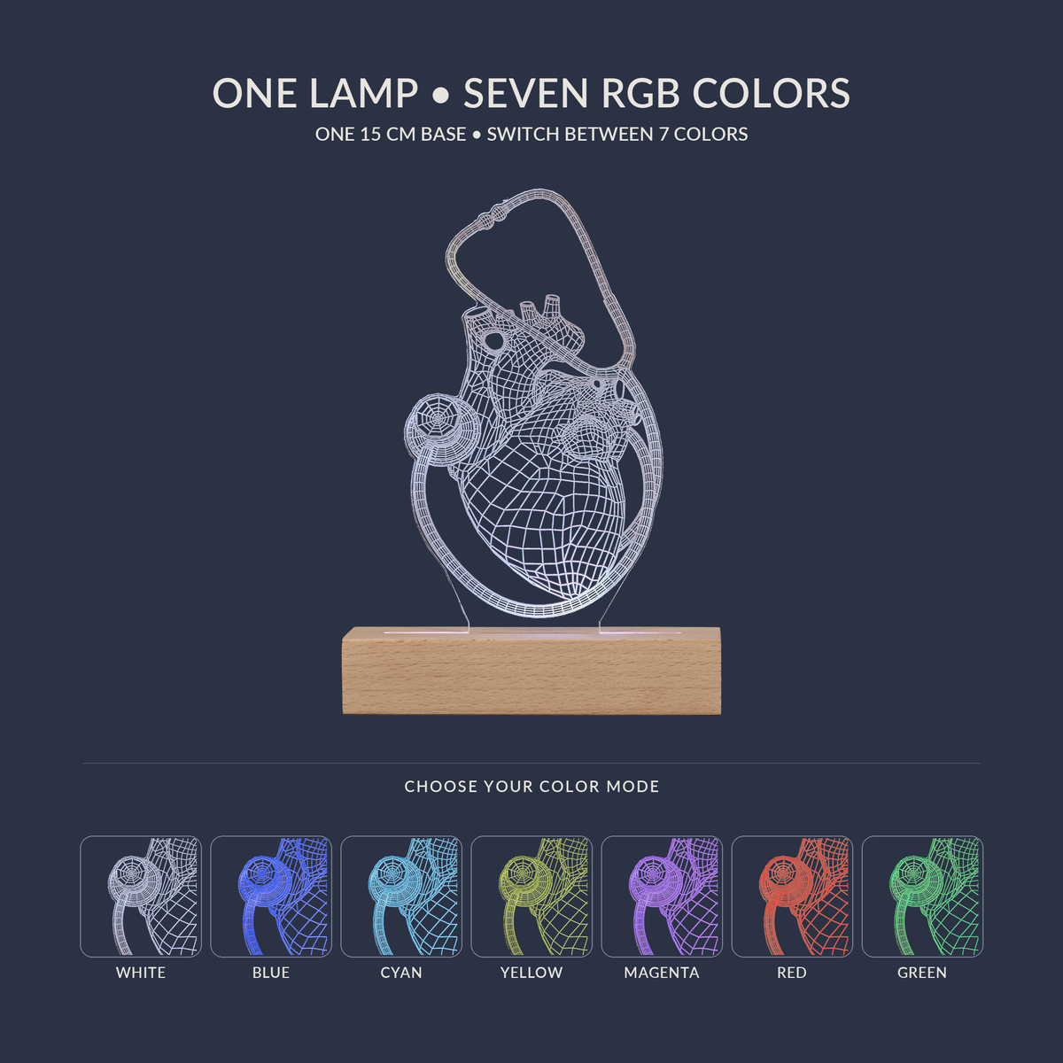 RGB color options for the Heart and Stethoscope LED lamp