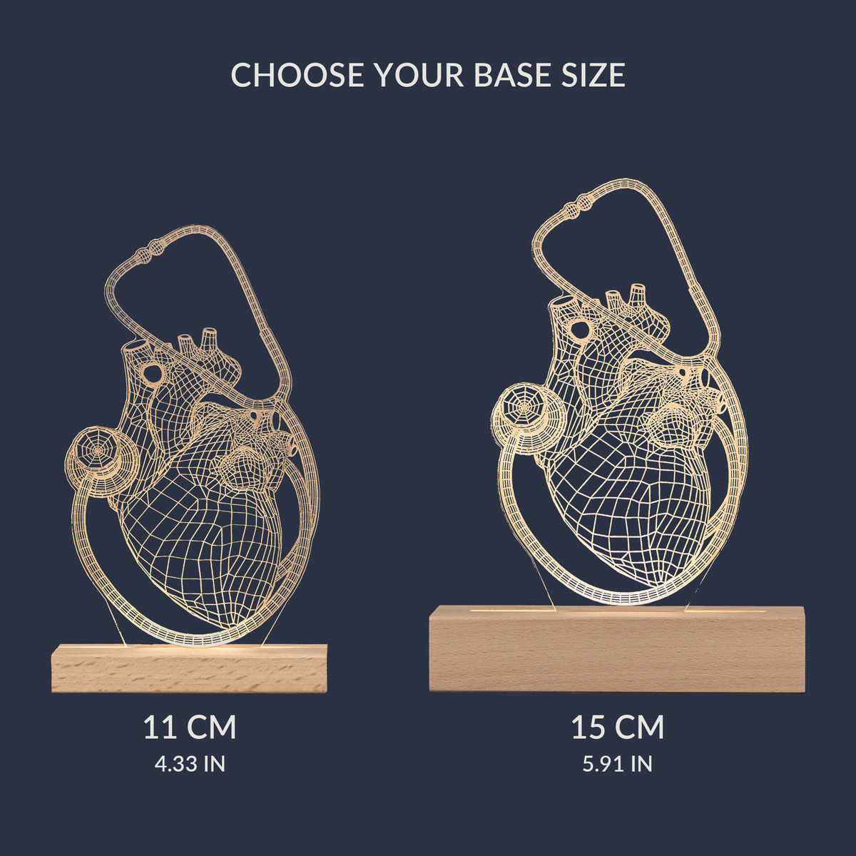 Size comparison chart for the Heart and Stethoscope LED lamp