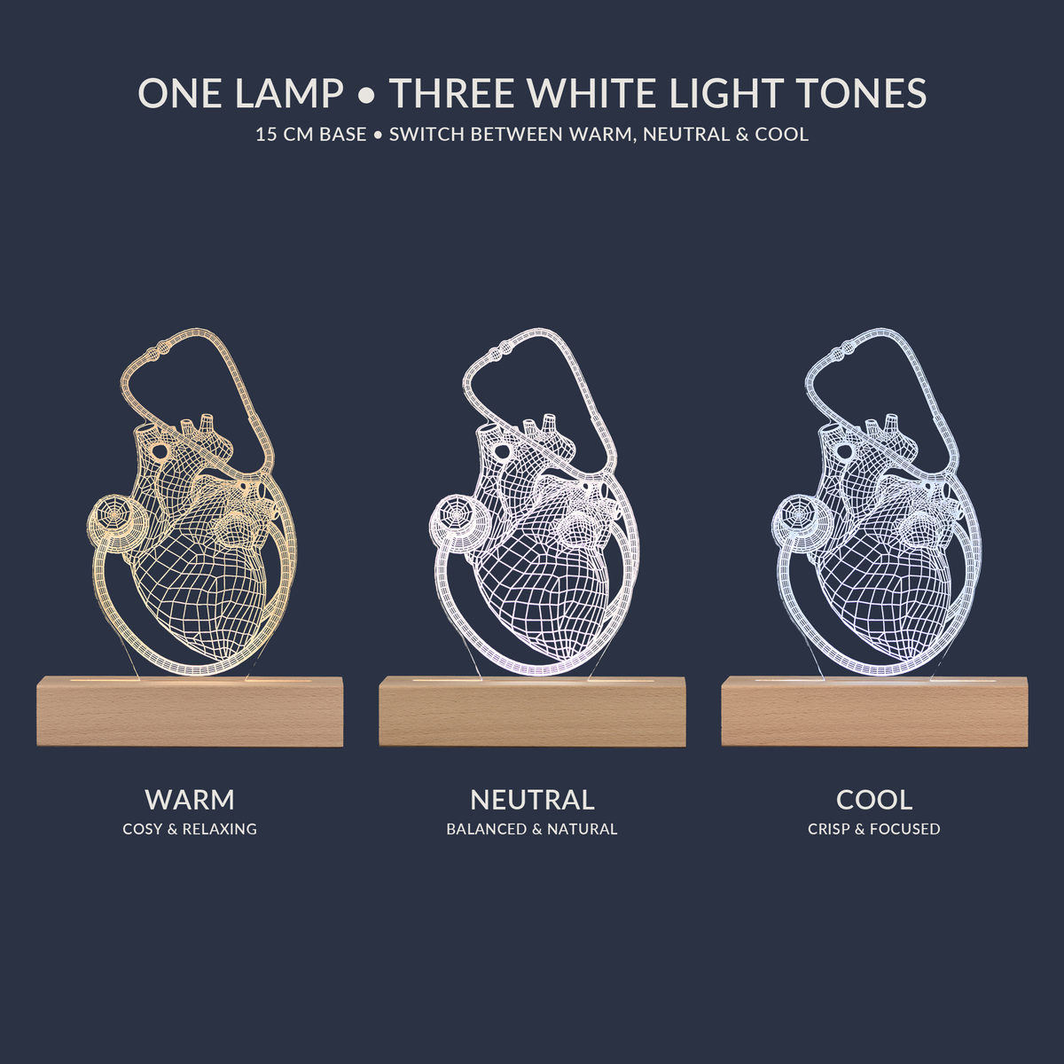 White light tone options for the Heart and Stethoscope LED lamp