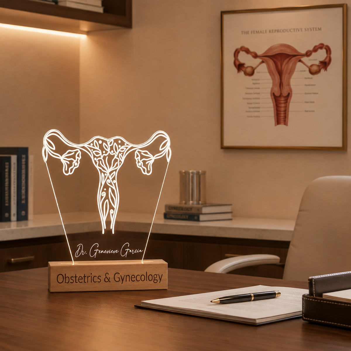 Florale Gebärmutter-LED-Lampe in einem Büro-Ambiente