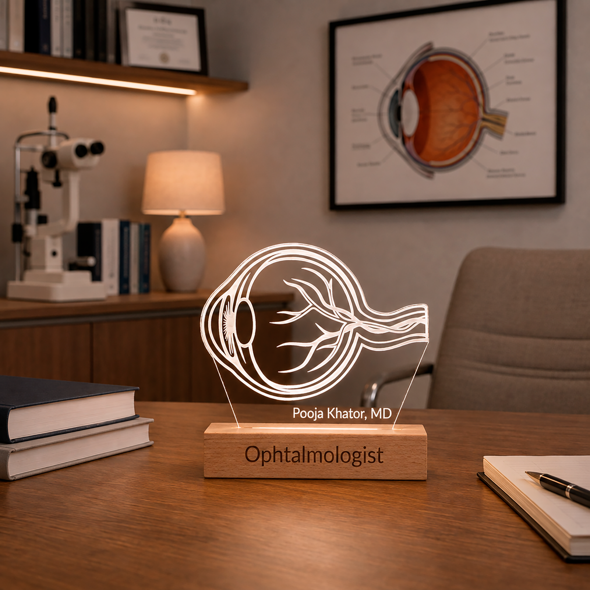 Eye LED lamp displayed in a home office setting
