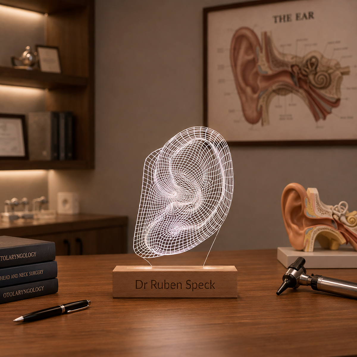Ear LED lamp displayed in a home office setting
