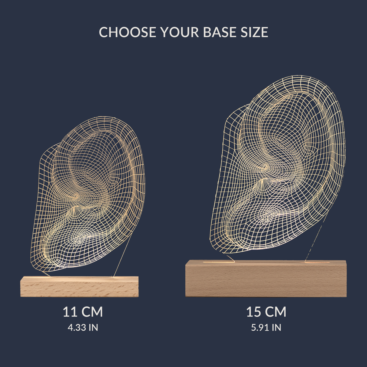 Size comparison chart for the Ear LED lamp