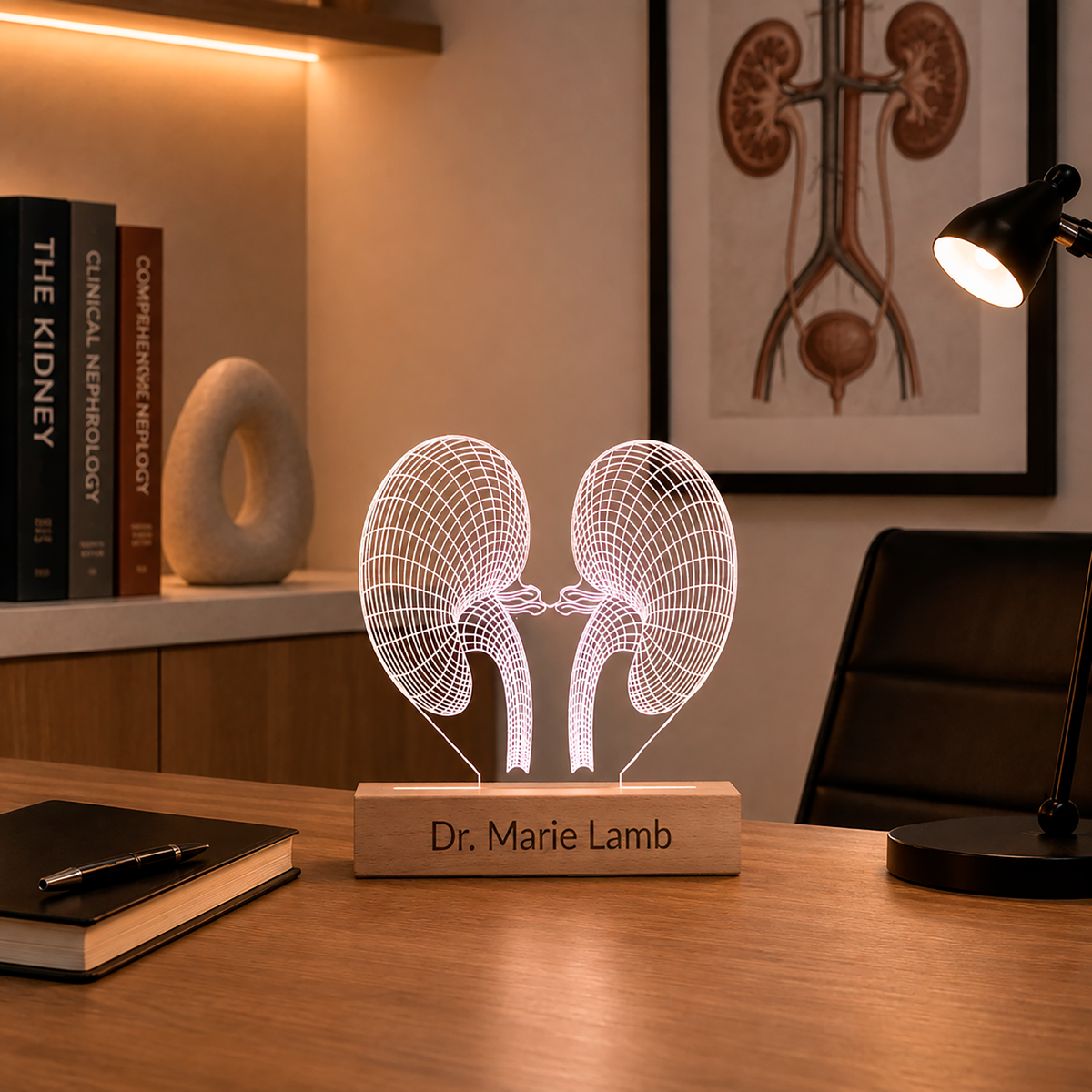 Kidney LED lamp displayed in a home office setting