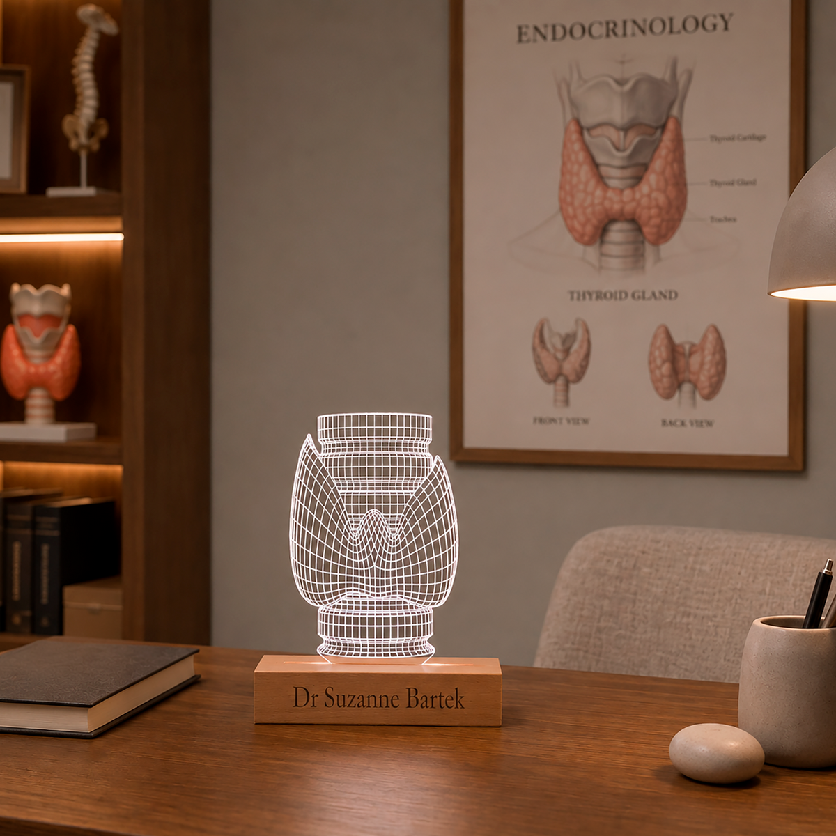 Thyroid LED lamp displayed in a home office setting
