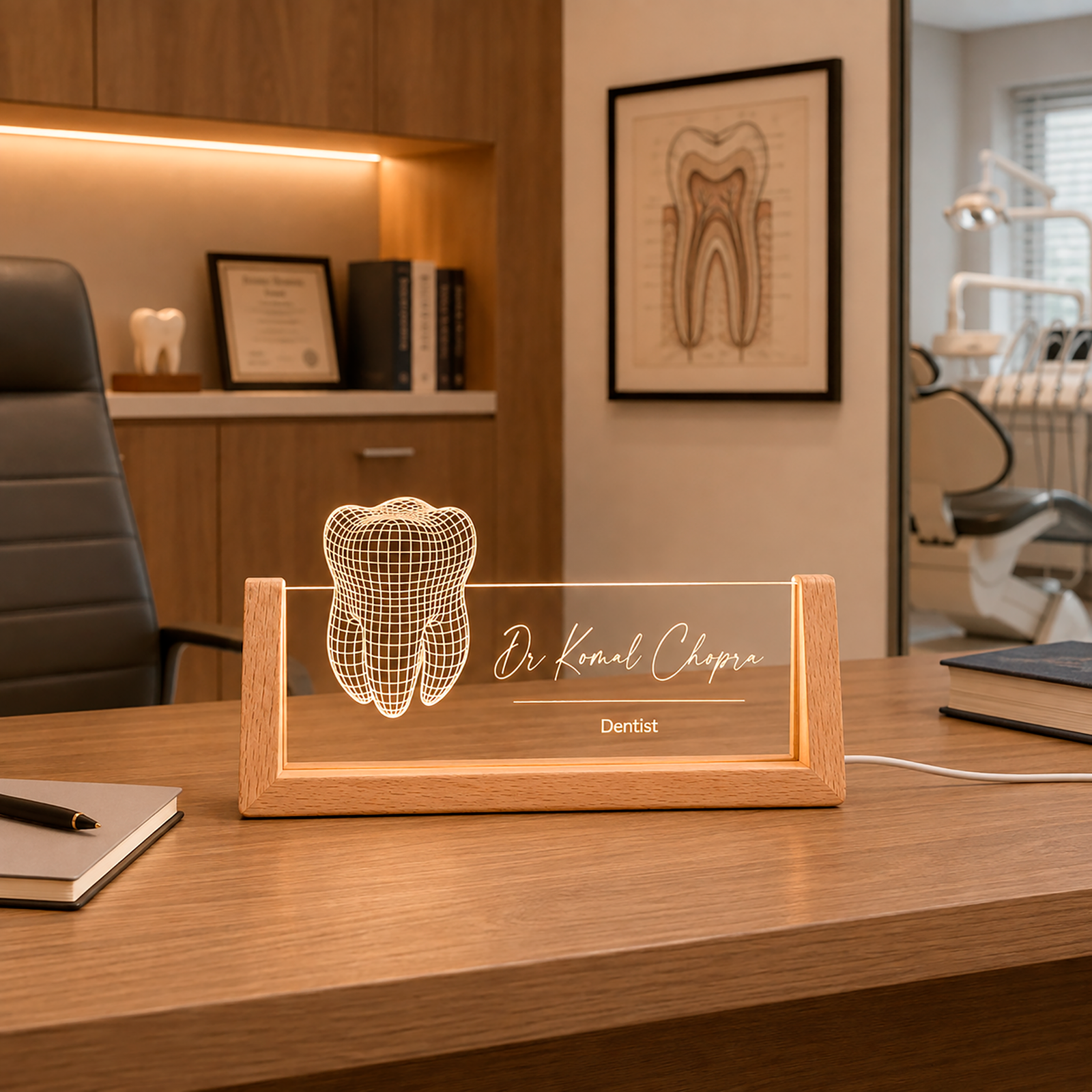 Placa de Escritorio LED Dentista sobre fondo neutro