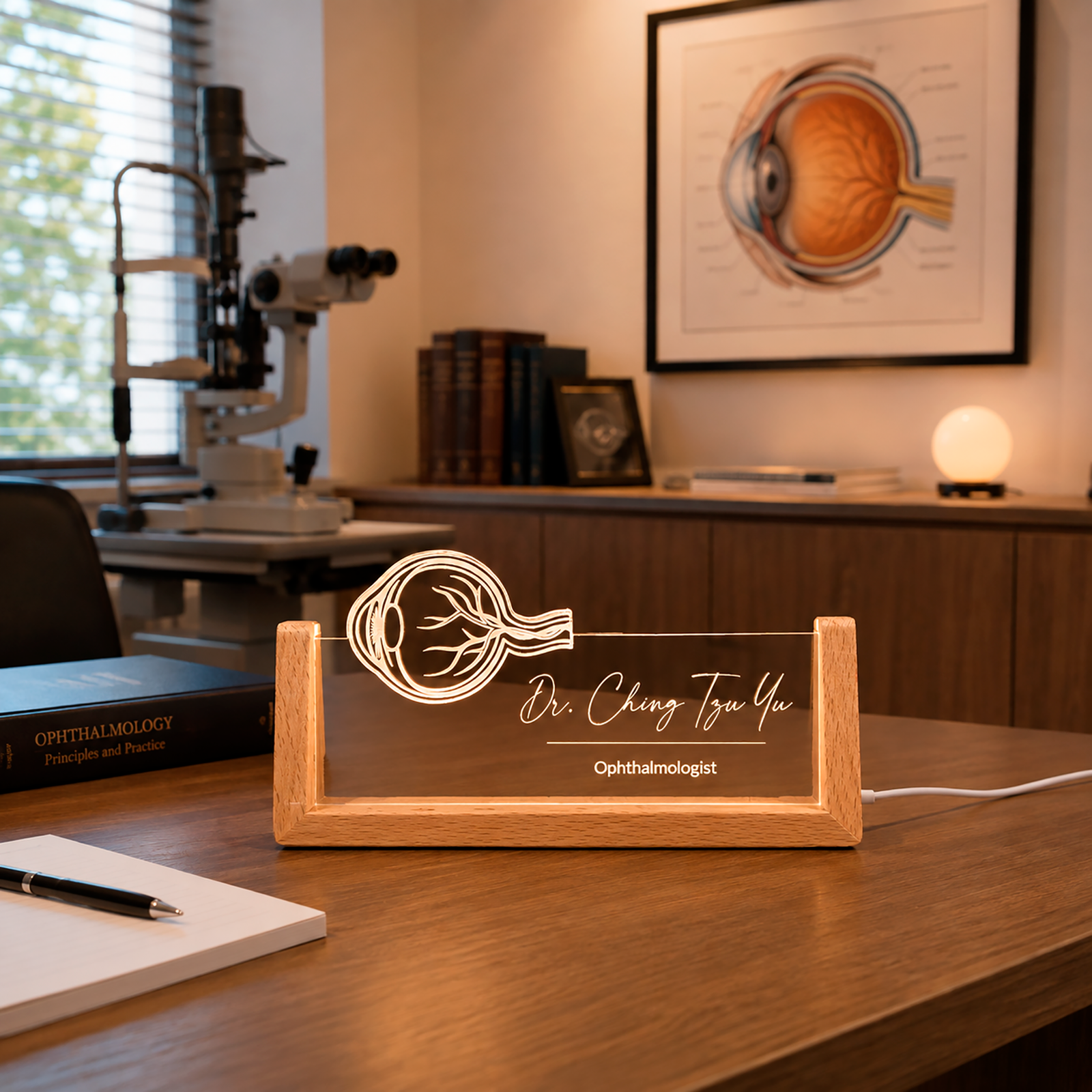 Optician LED nameplate on a plain background