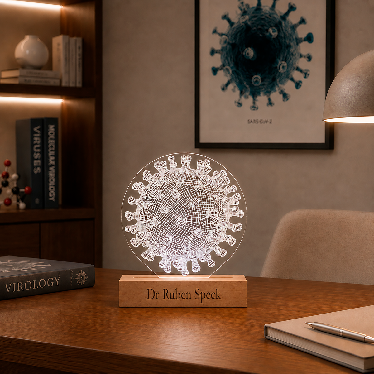 Virus LED lamp displayed in a home office setting