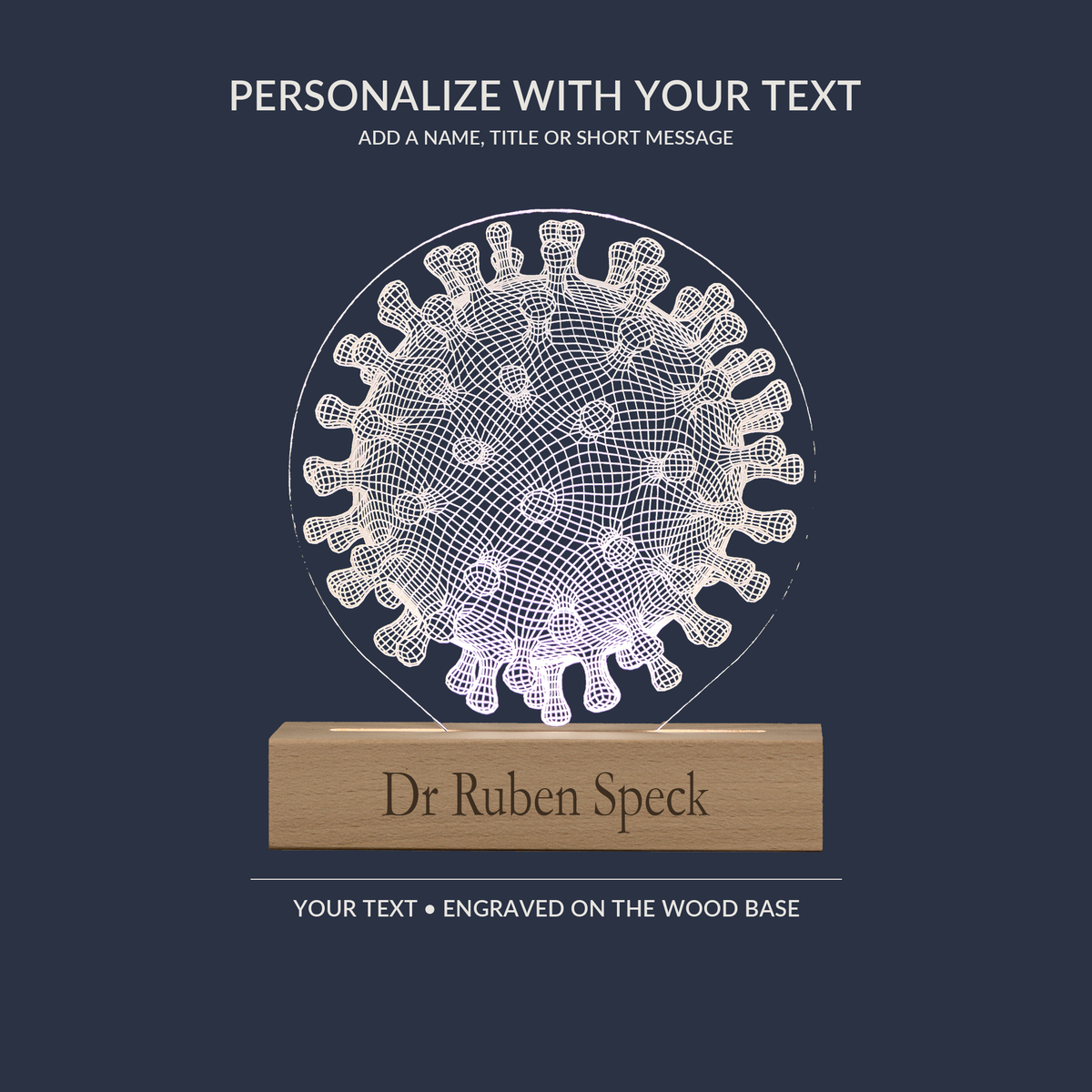 Engraving personalization example on the Virus LED lamp