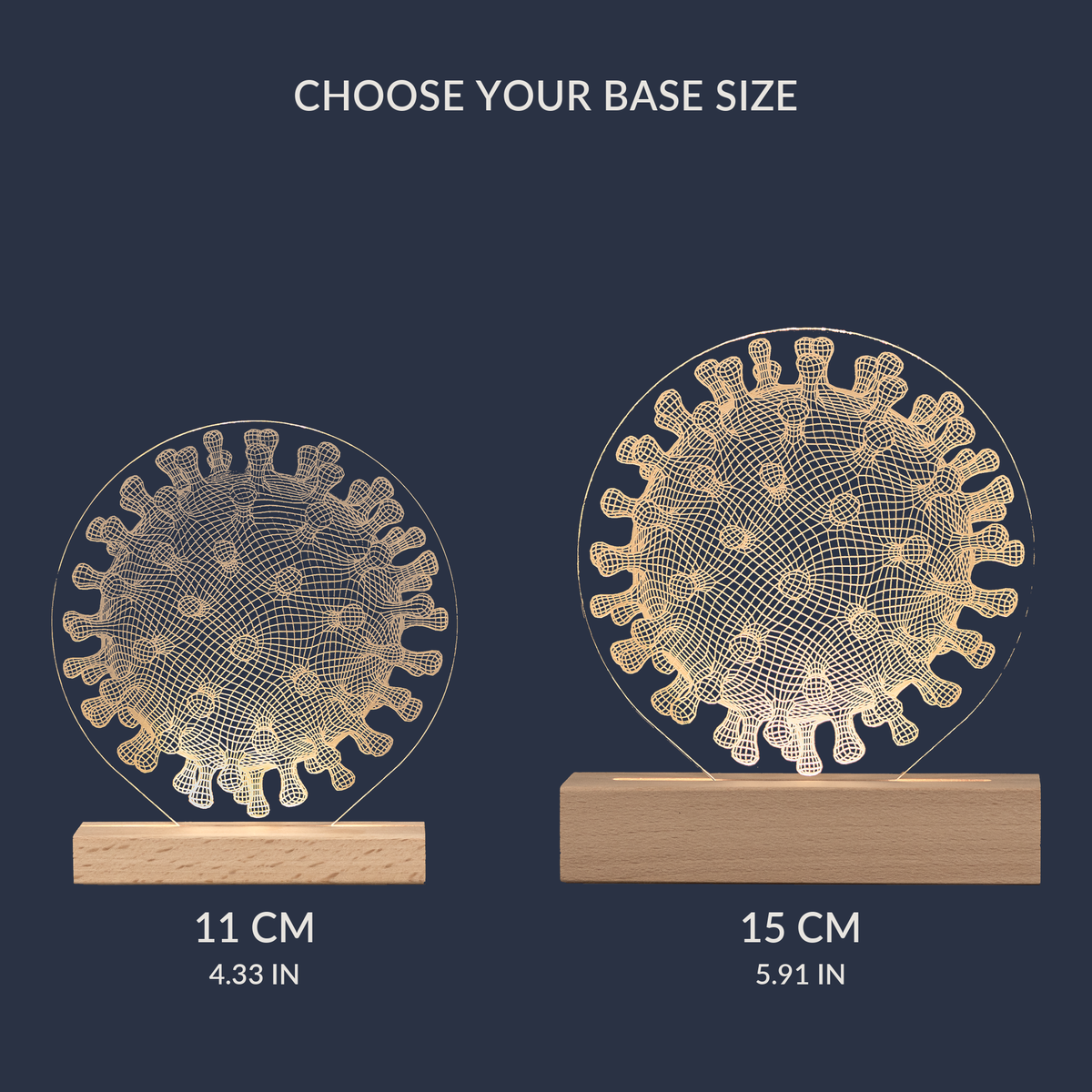 Size comparison chart for the Virus LED lamp