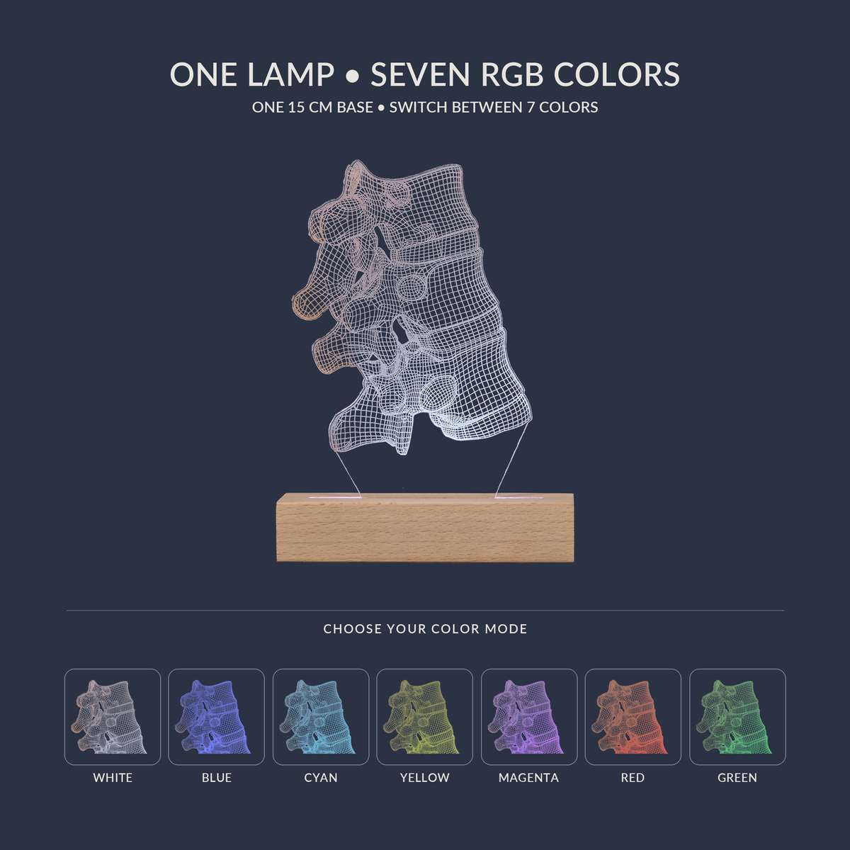 RGB color options for the Vertebral Joint LED lamp