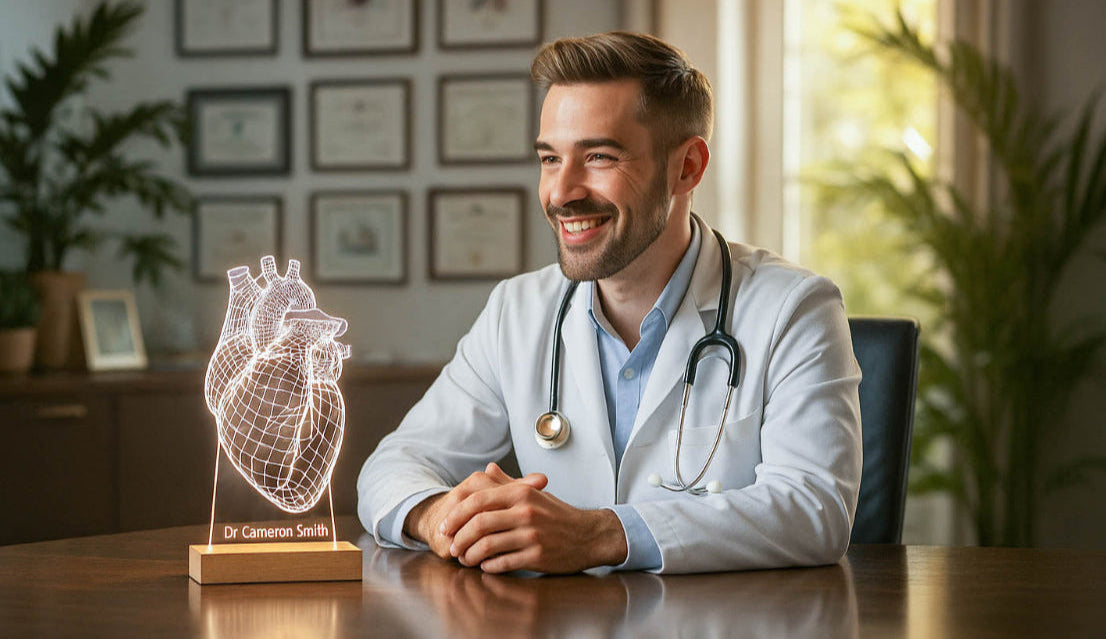 A smiling doctor sitting at a modern desk with a personalized 3D LED lamp shaped like a human heart. The lamp glows softly, and the doctor's name is engraved on the acrylic panel. Bright, clean office atmosphere, ideal for a medical-themed gift.