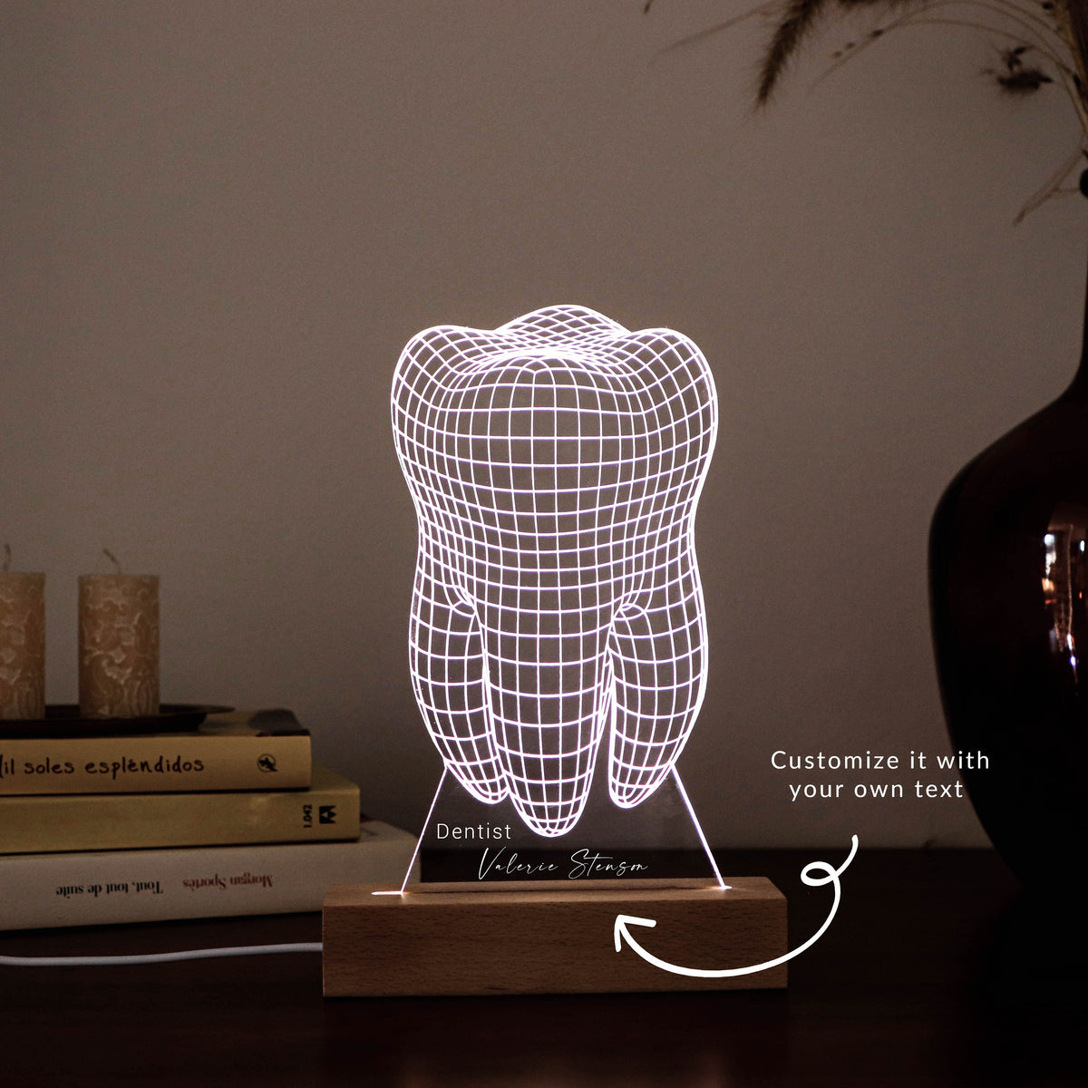 3D illusion lamp featuring a detailed tooth anatomy design, illuminated in a white tone, perfect as a unique gift for dentists or dental professionals.
