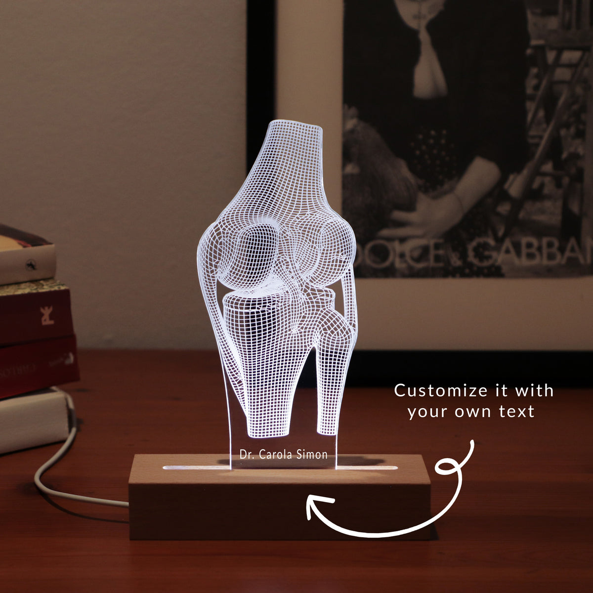 3D illusion lamp featuring a detailed human knee joint anatomy design, illuminated in a white tone, perfect as a unique and thoughtful gift for orthopedic specialists, physiotherapists, or medical professionals focusing on joint health.