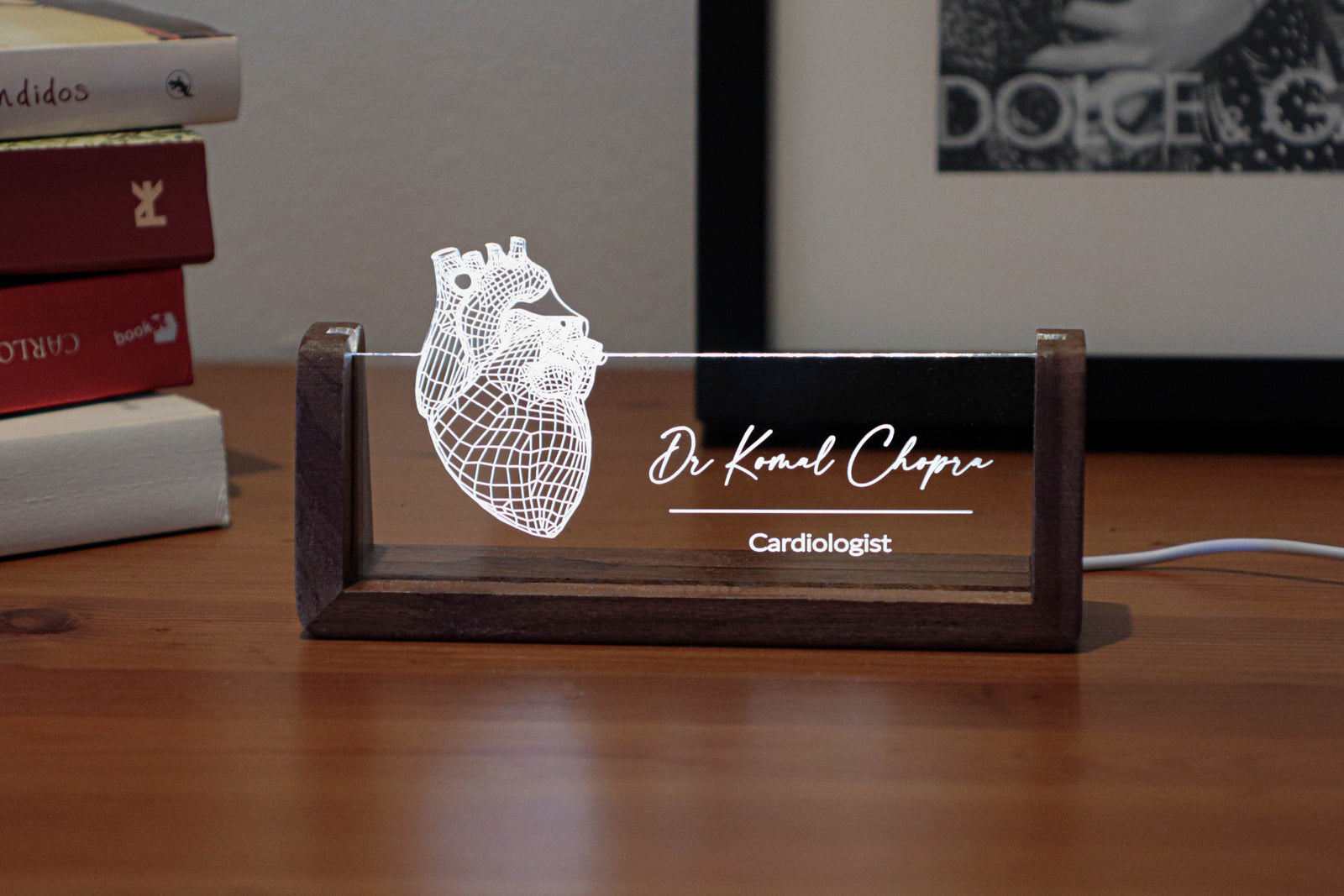 Personalized LED desk nameplate featuring a detailed heart anatomy design, illuminated in a white tone, perfect as a unique and thoughtful gift for cardiology professionals or heart specialists.