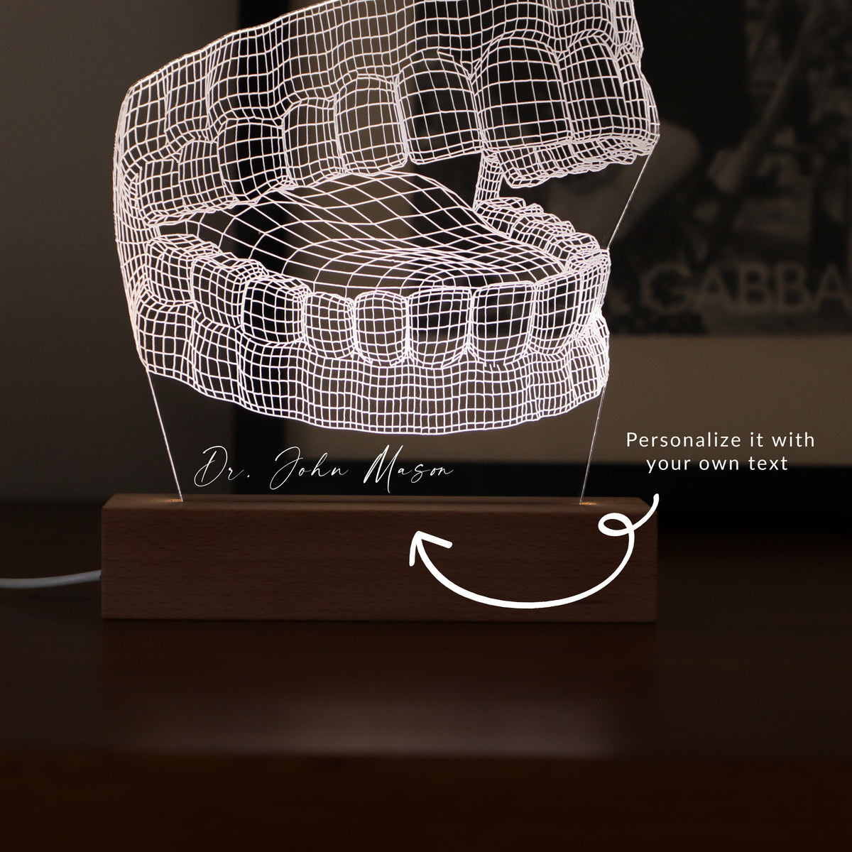 3D illusion lamp featuring a detailed human jaw anatomy design, illuminated in a white tone, perfect as a unique and thoughtful gift for dentists, orthodontists, or medical professionals specializing in oral health.